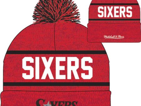 Philadelphia 76ers Mitchell & Ness Red Hardwood Classics Reload 2.0 Cuffed Knit Hat with Pom For Cheap