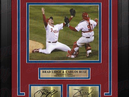 Brad Lidge & Carlos Ruiz 2008 World Series Last Out Celebration Philadelphia Phillies Framed Baseball Photo with Engraved Autographs Supply