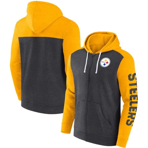 Pittsburgh Steelers Heather Charcoal Down and Distance Full-Zip Hoodie on Sale